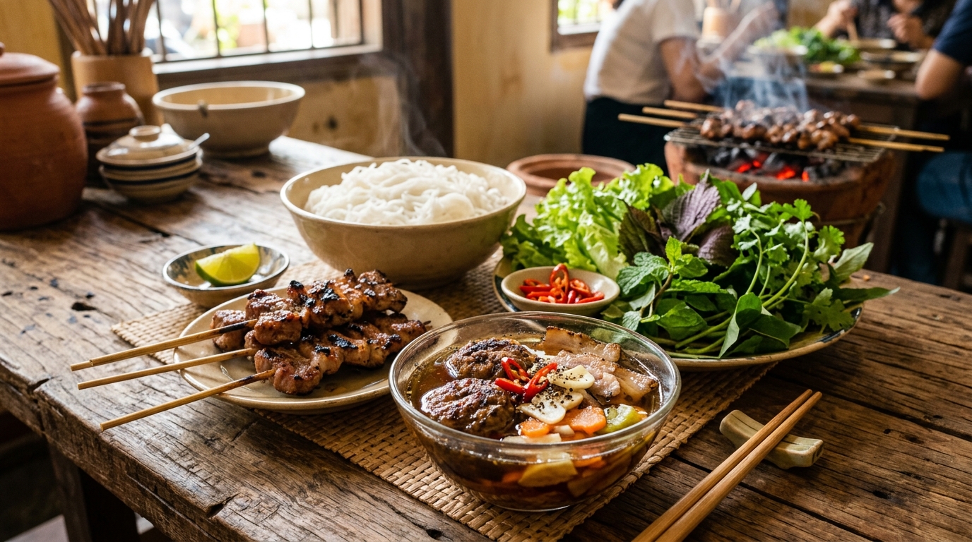 Bảng phân tích calo và dinh dưỡng trong một suất bún chả Hà Nội nướng than hoa so sánh cùng cơm tấm và phở bò